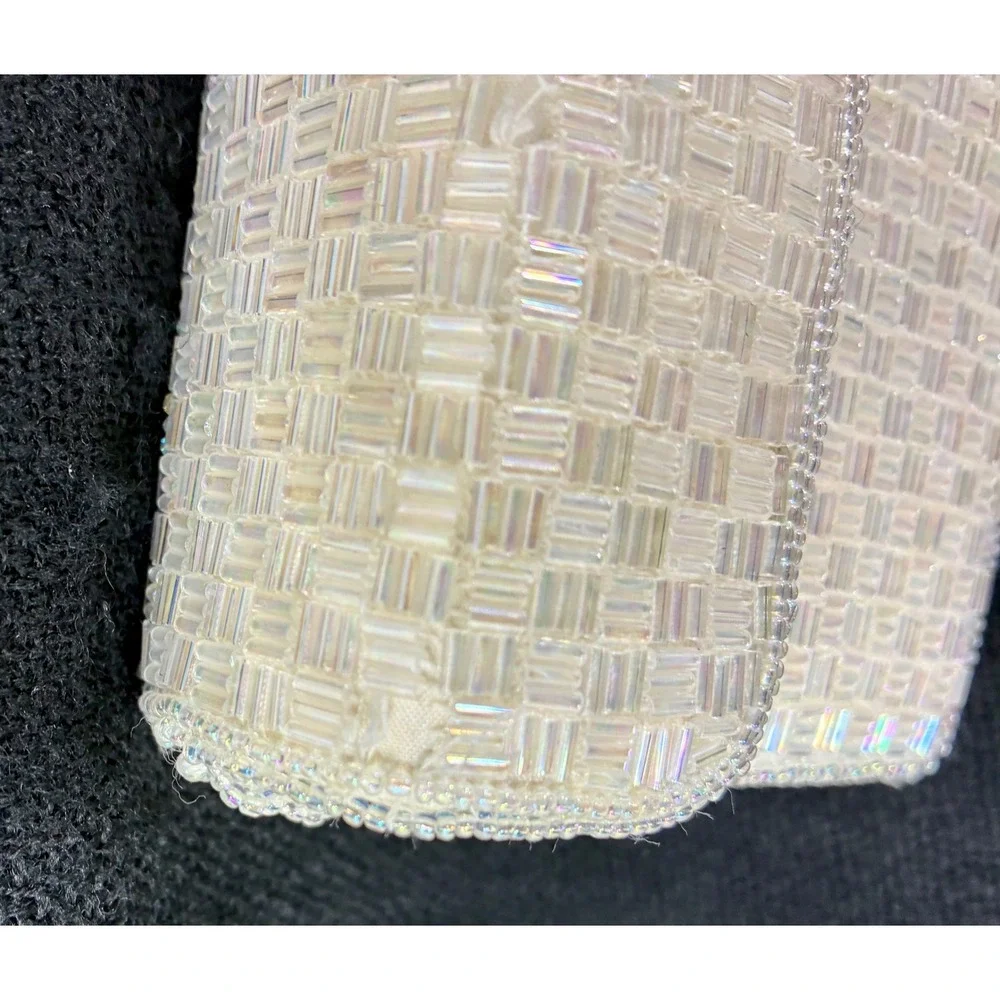 Vintage Iridescent White Beaded Evening Clutch Crossbody Bag Basketweave Pattern